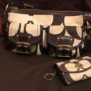 COACH brown & white linen purse w/ matching wallet